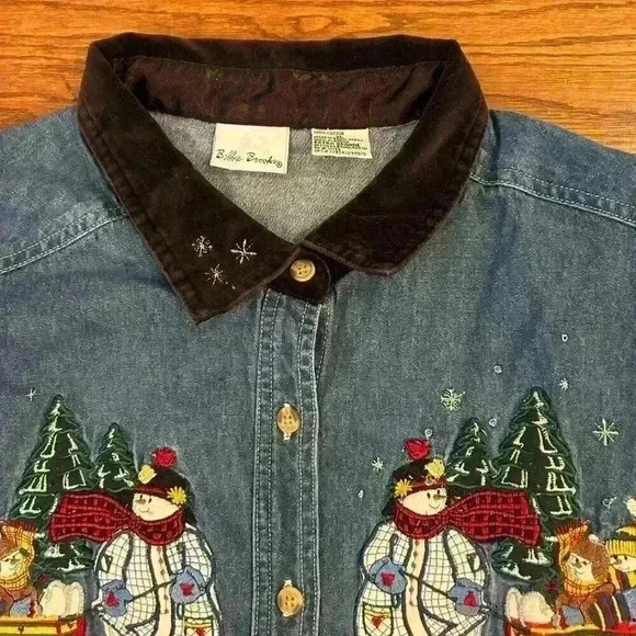 Vintage Christmas Embroidered Denim Shirt Snowman Size XL Ugly Christmas Sweater - Picture 5 of 9